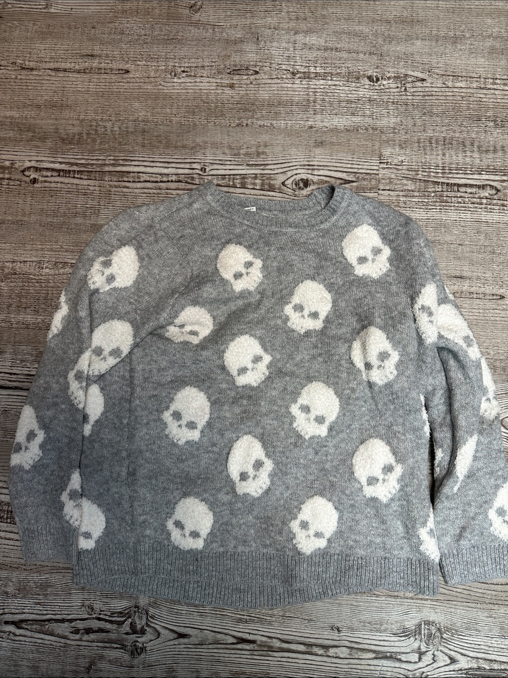 cupcakes & cashmere Gray Crewneck Sweater with White Skull Pattern